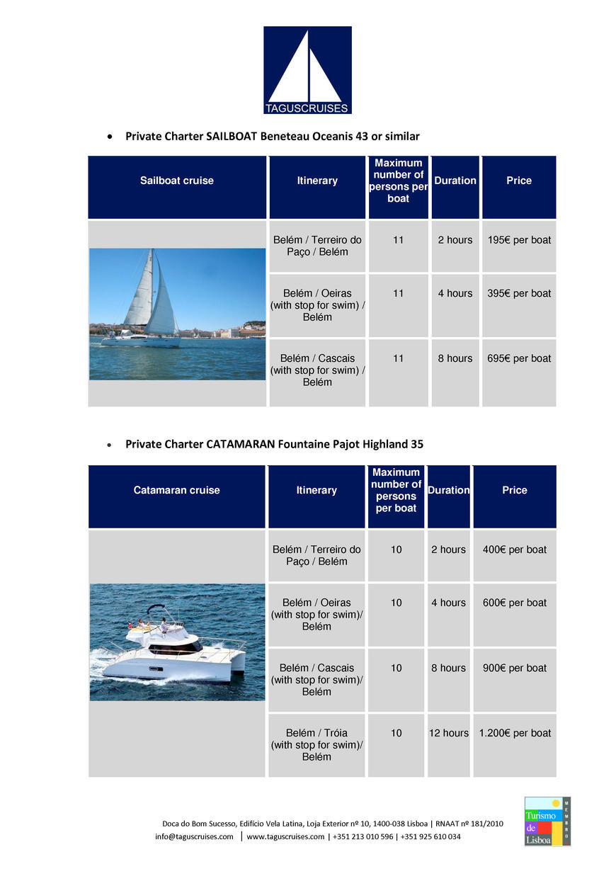  Pricelists of TAGUSCRUISES Boat Tours Doca do Bom Sucesso, Edifício Vela Latina, Loja 10 - Photo 2 of 4