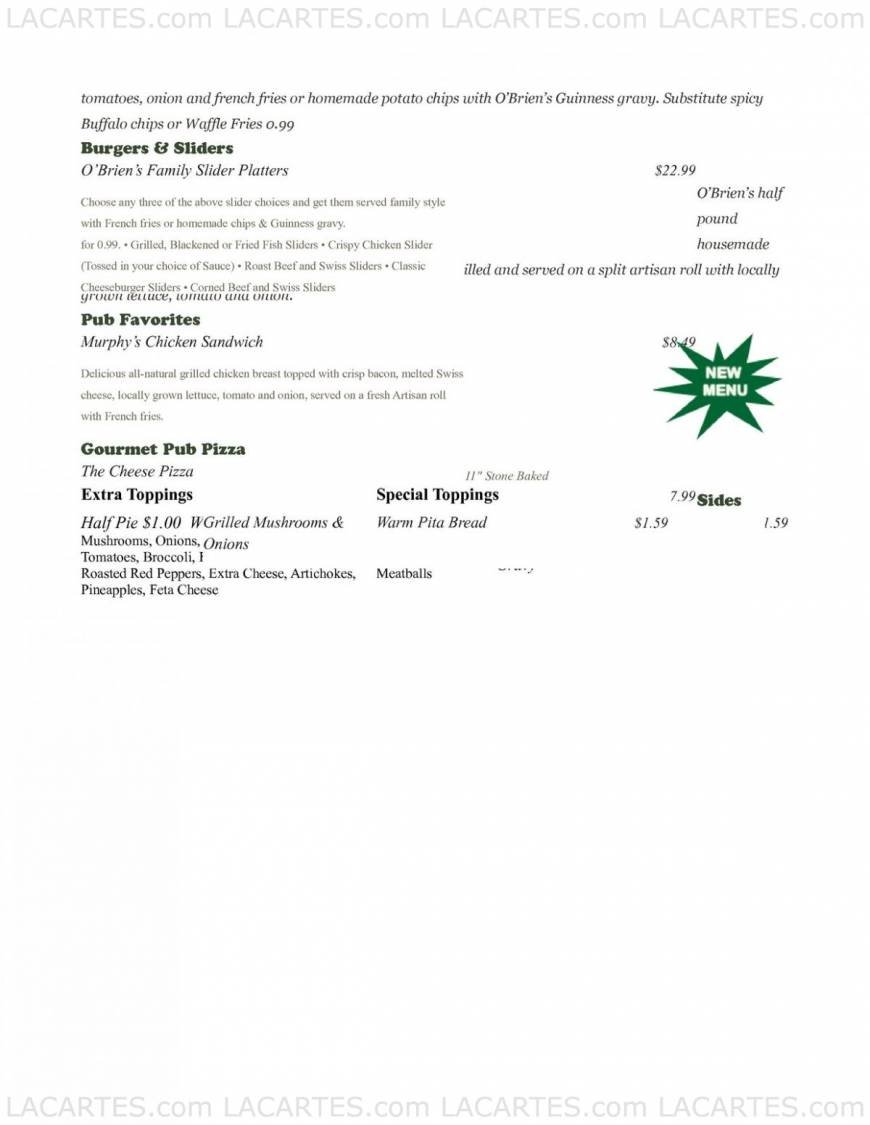  Pricelists of O'Brien's Irish Pub & Grill - Brandon, FL 701 West Lumsden Road - Photo 2 of 2