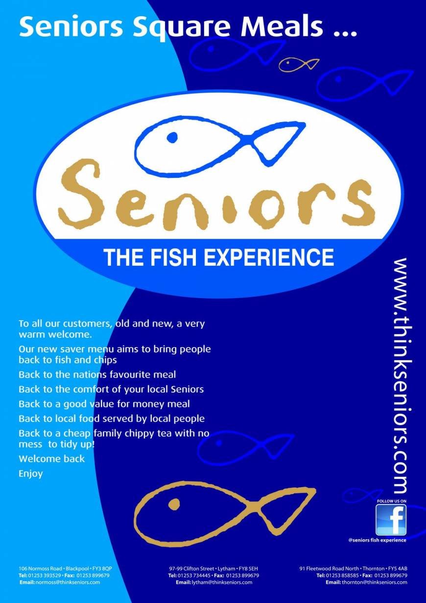  Pricelists of Seniors Fish Bar & Restaurant Blackpool 106 Normoss Road - Photo 1 of 4