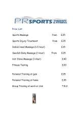 Pricelists of PR Sports Therapy & Fitness