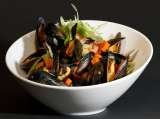 Cornish mussles in a cider, kohlrabi and carrot broth The Penny Black Restaurant & Bar 212 Fulham Road Chelsea 
