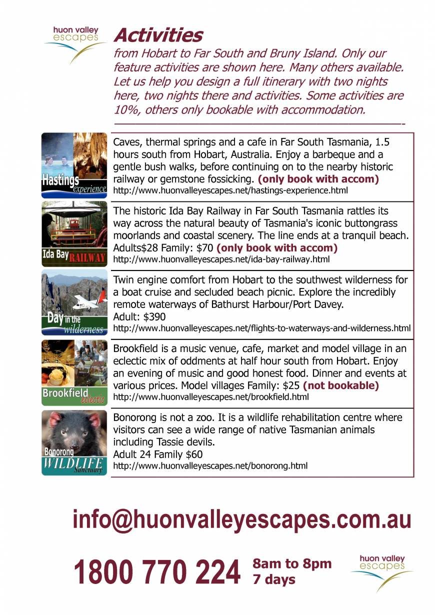  Pricelists of Huon Valley Escapes Accommodation and activities throughout the - Photo 3 of 3
