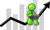 Royalty-free business clipart picture of a lime green man conducting business on a laptop computer on an arrow moving upwards in front of a bar graph, symbolizing success. It is a full-color technology graphic on a white background.