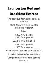 Pricelists of Launceston Bed and Breakfast Retreat