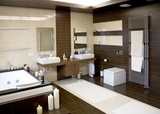 luxurious modern white bathroom with dark wood floors Ann's Cleaning Service 116 Rainier Ave 
