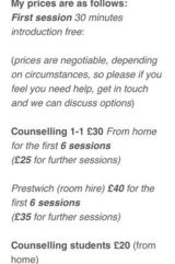 Pricelists of Manchester Counselling Angela Neild