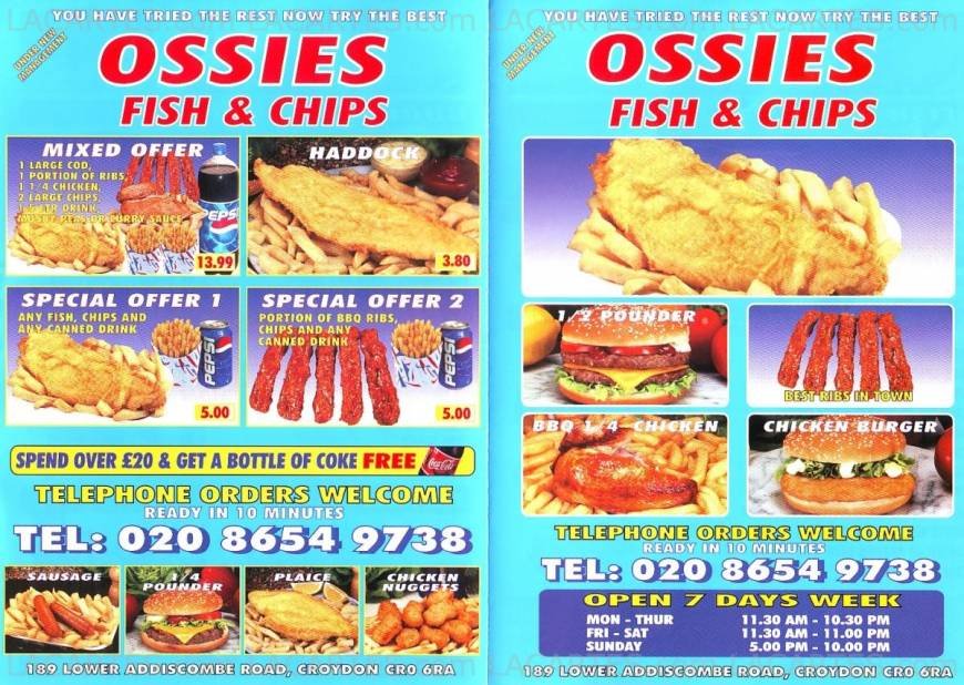  Pricelists of Ossies Fish & Chips Croydon 189 Lower Addiscombe Road - Photo 2 of 2