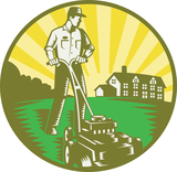 Illustration of a gardener with lawn mower mowing with residential house in background set inside circle done in retro woodcut style.