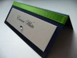Ivory, Navy & Green placecards with a diamante I Do designs Ltd 61 Nursery Road 