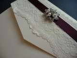 Ivory & Aubergine Vintage Lace & Fancy buckle Pocketfold style Wedding invitation I Do designs Ltd 61 Nursery Road 