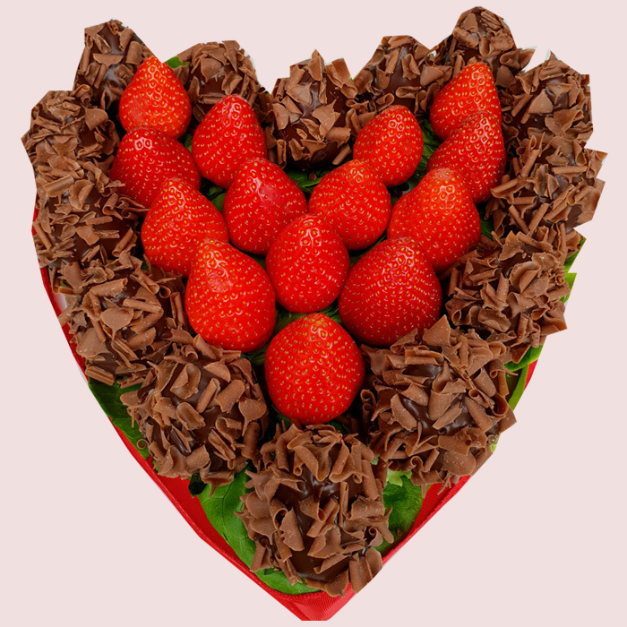 Dark Chocolate dipped fresh strawberries topped in caramel morsels and arranged in shape of a heart. Chocolate Dipped Strawberries of Fruity Gift Unit 40, 26-28 Queensway - Photo 1 of 1