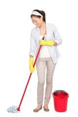 Spring cleaning woman cleaning floor with mop. Young housewife isolated on white background standing in full length. Chinese Asian / Caucasian model., Ayasan Serivice, Bangkok