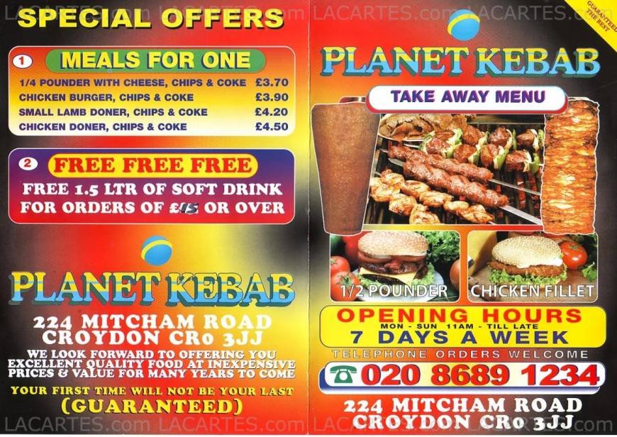  Pricelists of Planet Kebab Fast Food Takeaway 224 Mitcham Road - Photo 2 of 2