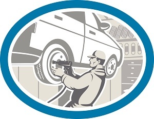 Illustration of an automotive mechanic changing repairing automobile car vehicle tire in workshop garage set inside oval shape done in retro style. New Album of Across Town Towing & Auto Body 288 Port Monmouth Rd - Photo 3 of 3