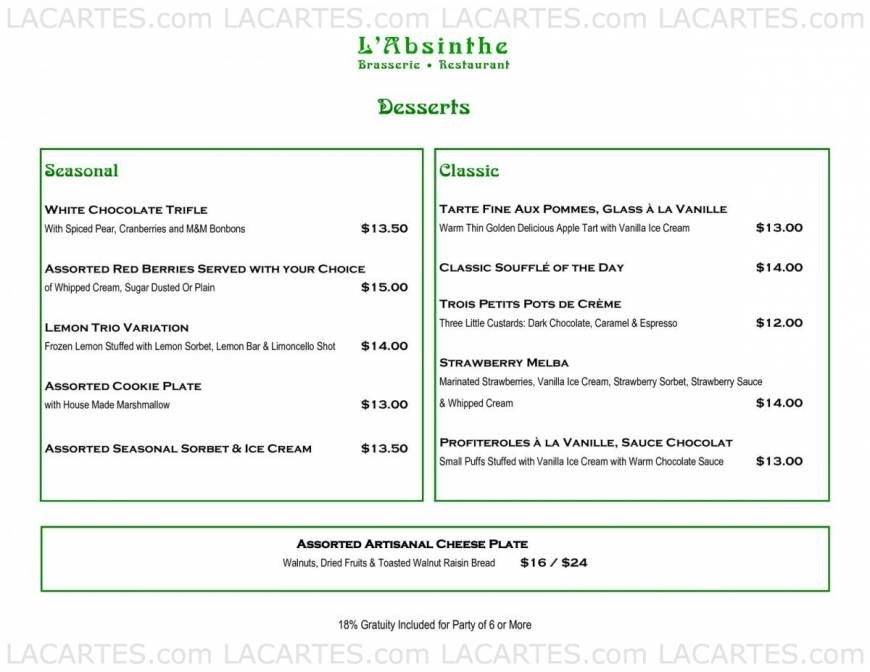  Pricelists of L'Absinthe Brasserie and Restaurant 227 E 67th Street - Photo 3 of 19