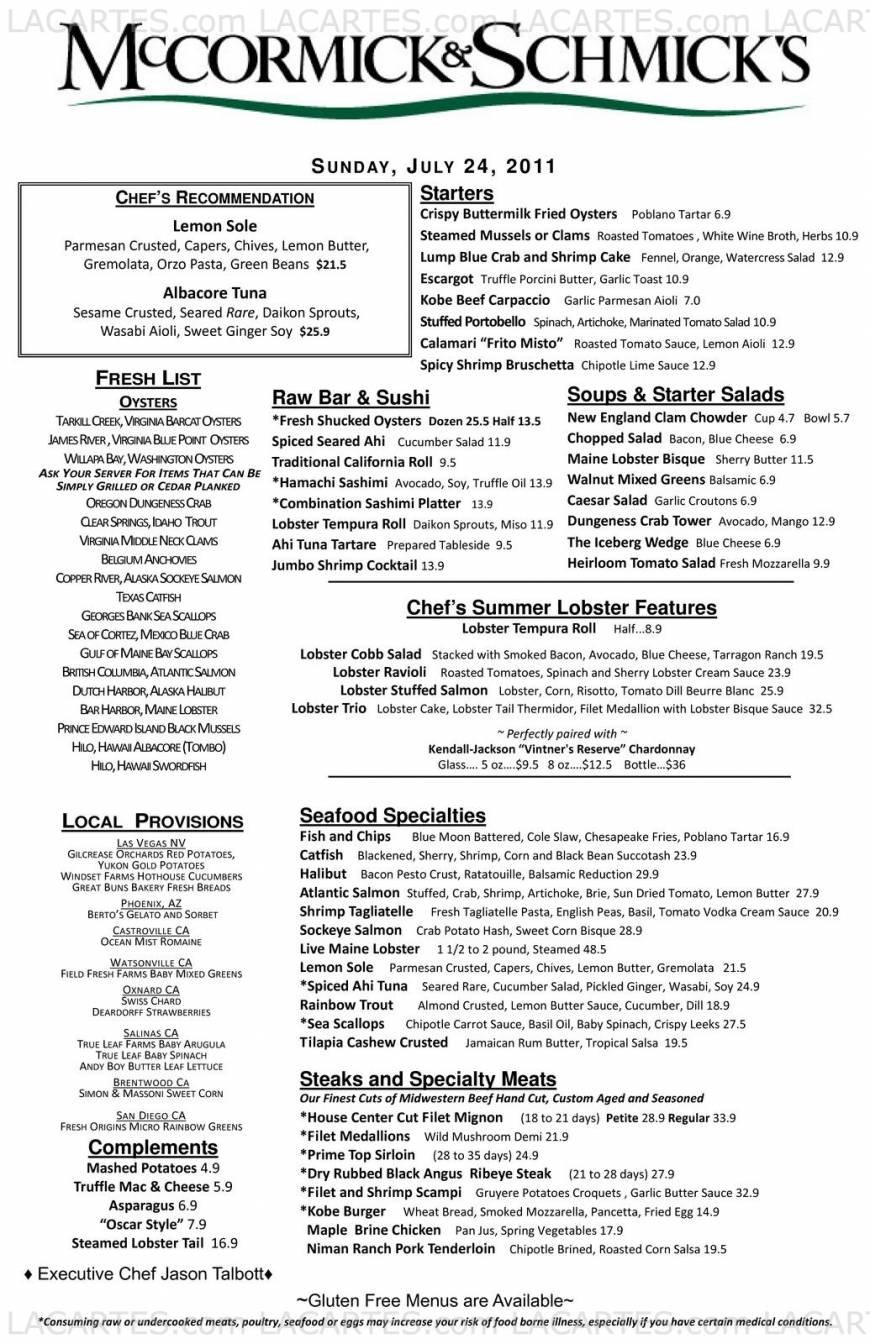  Pricelists of McCormick & Schmick's Seafood Restaurant - Las Vegas, NV 335 Hughes Center Dr - Photo 1 of 5