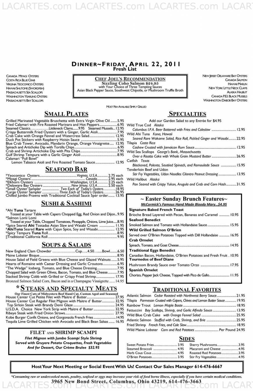  Pricelists of McCormick & Schmick's Seafood Restaurant - Columbus, OH 3965 New Bond Street - Photo 7 of 8