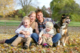A happy family of four people, including mother, father, young child, and toddler brother are sitting outside in the fallen maple leaves with their pet German Shepherd dog on an Autumn day.