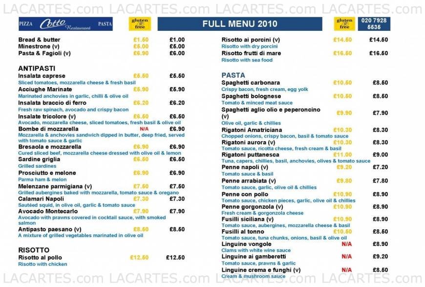  Pricelists of Cotto Italian Restaurant 89 Westminster Bridge Road - Photo 2 of 6