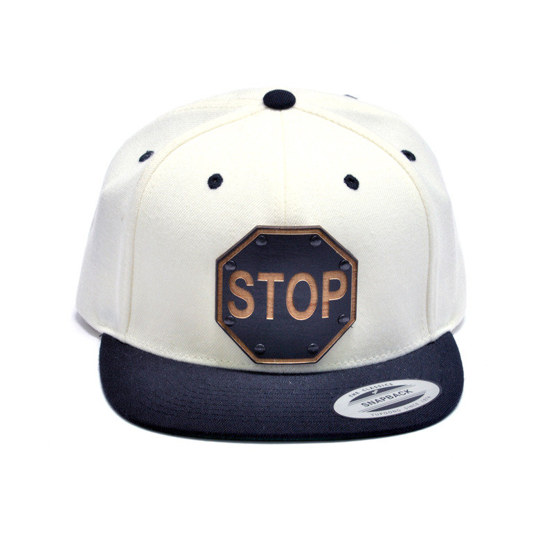 Stop Sign Wood Charm White and Black Snapback Hat