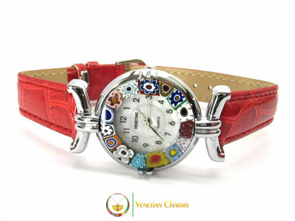 One Lady Chrome Murano Glass Watch - Red