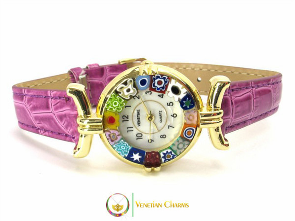 One Lady Gold Murano Glass Watch - Dark Fuschia