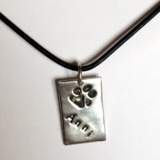 Silver Rectangle Pawprint & Name, Greek Leather Cord