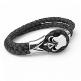Black Leather & Stainless Steel Skull Bracelet, 19cm
