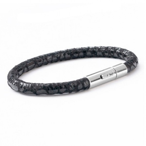Black Patterned Leather Bracelet, Raindrop Collection, 19cm