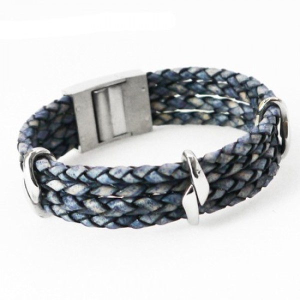 Denim 4-Strand Leather Bracelet, 3 Wrap-Around Stainless Steel Links, 19cm