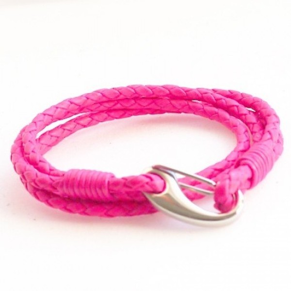 Neon Pink Leather 4-Strand Double Wrap Bracelet, Shrimp Clasp, 19cm