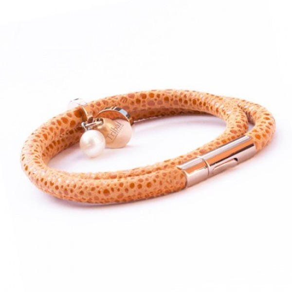 Orange Raindrop Leather Bracelet, Double Wrap, Pearl & Dsic, 19cm