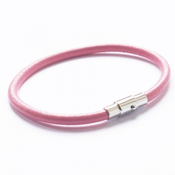 Pink Leather Round Bracelet, Magnetic Pin Lock Clasp, 19cm