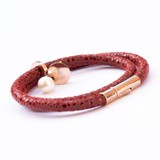 Red Raindrop Leather Bracelet, Double Wrap, Pearl & Dsic, 19cm