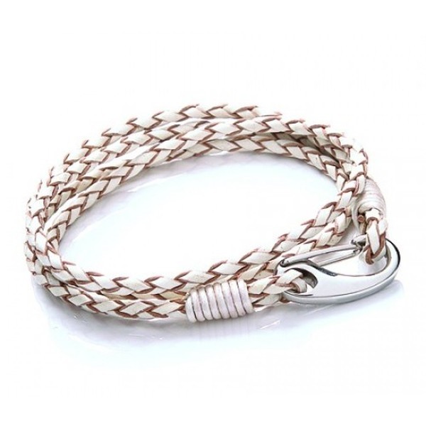 White Leather 4-Strand Double Wrap Bracelet, Shrimp Clasp, 19cm