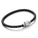 Black Plaited Leather Bracelet, Magnetic Barrel Clasp, 19cm