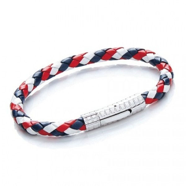 Red, White & Blue Plaited Leather Bracelet, S. Steel Clasp, 19cm