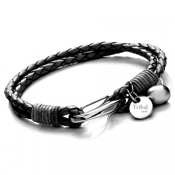 Black Leather 2-Strand Bracelet, Shrimp Clasp, Pearl & Disc, 19cm