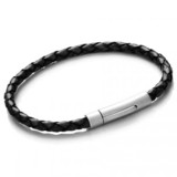 Black Plaited Leather Bracelet, Satin S. Steel Push & Lock Clasp, 19cm
