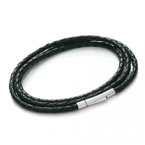 Black Plaited Leather Necklet/3 Loop Bracelet, Rocker Clasp, 19cm