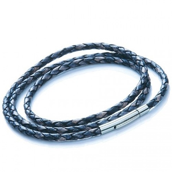 Denim Plaited Leather Necklet/3 Loop Bracelet, Rocker Clasp, 19cm