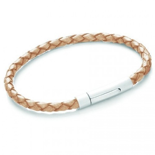 Natural Plaited Leather Bracelet, Satin S. Steel Push & Lock Clasp, 19cm