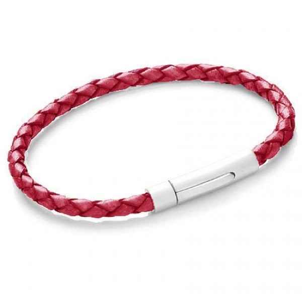 Red Plaited Leather Bracelet, Satin S. Steel Push & Lock Clasp, 19cm