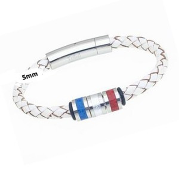White Plaited Leather Bracelet with Red, Silver & Blue Beads, 19cm