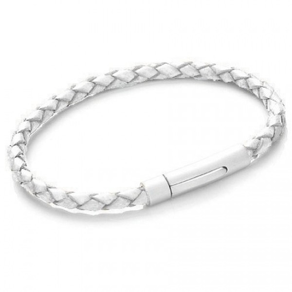 White Plaited Leather Bracelet, Satin S. Steel Push & Lock Clasp, 19cm