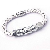 White Leather Bracelet, 5 Stainless Steel Beads, Magnetic Clasp, 20cm