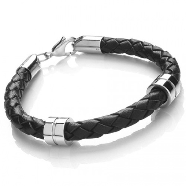 Black Leather Bracelet, 2 Stainless Steel Bands, Lobster Catch, 21cm