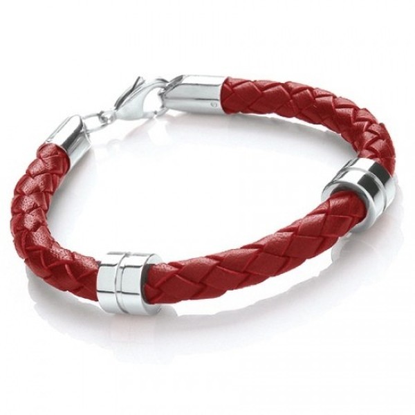 Red Leather Bracelet, 2 Stainless Steel Bands, Lobster Catch, 19cm