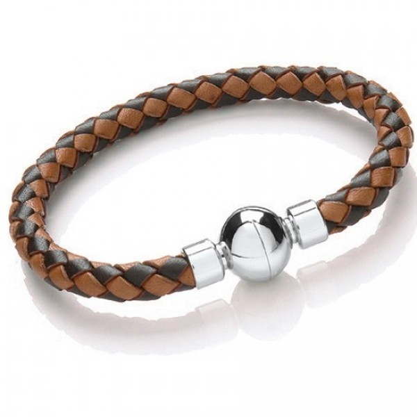 Dual Tone Brown Leather Bracelet, Spherical Magnetic Clasp, 20cm