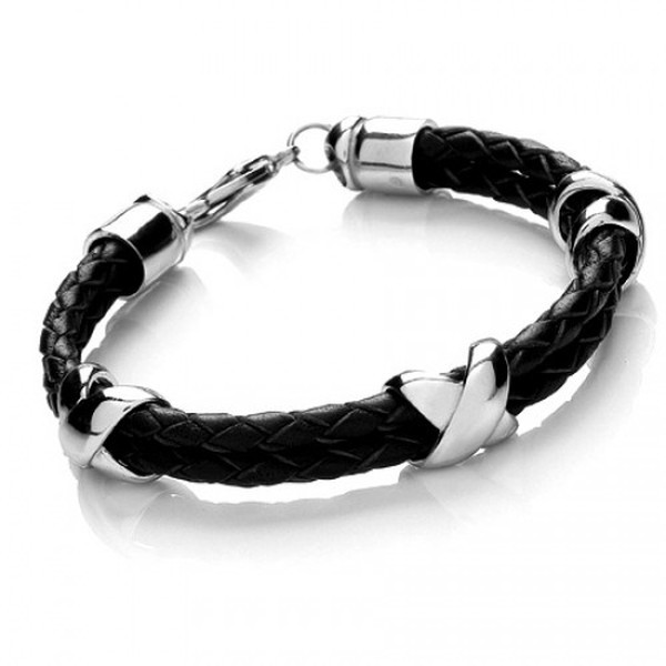 Black Leather & S. Steel Criss-Cross Bracelet, Lobster Clasp, 21cm